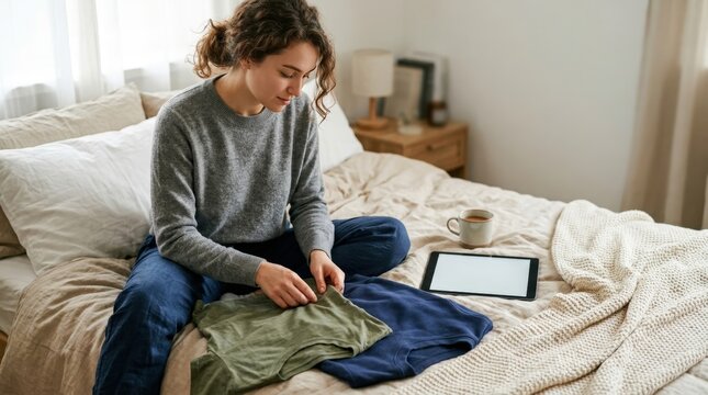 Woman comparing plain shirts while shopping online at home