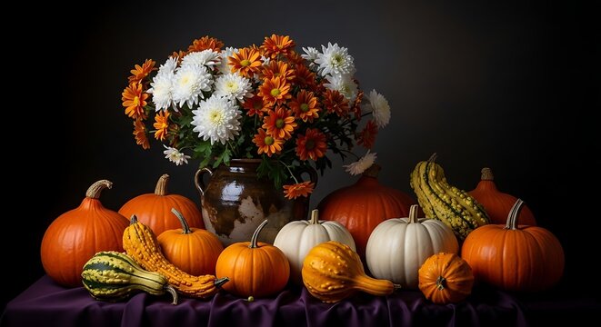 Autumn harvest still life pumpkins gourds and chrysanthemums in a rustic setting