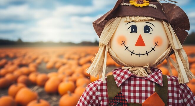 Smiling scarecrow in pumpkin patch autumn harvest decoration and fall season