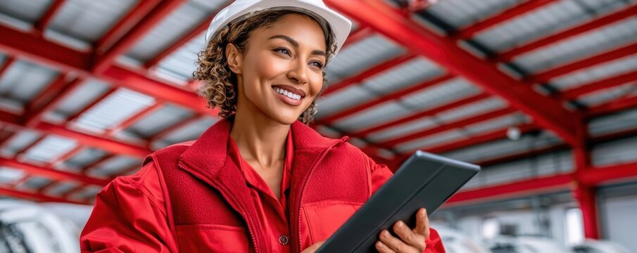 Smiling engineer woman in red jacket wearing a white hard hat using a tablet in an industrial warehouse