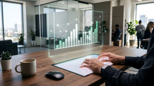 Business professional reviewing documents at modern office desk. Corporate executive analyzing paperwork in sleek glass-walled workspace.