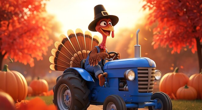 Cartoon turkey driving a tractor through a pumpkin patch in autumn