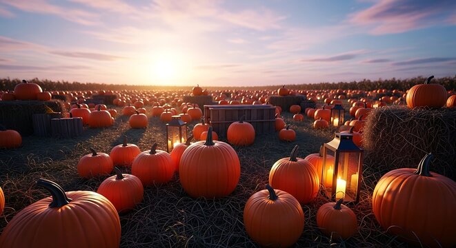 Autumn pumpkin patch at sunset a harvest season landscape