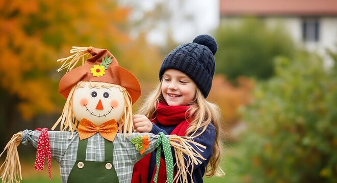 Smiling young girl with handmade scarecrow in autumn garden