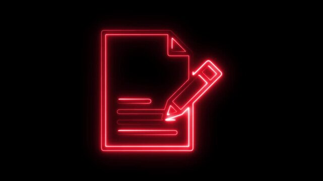 Glowing red neon document and pencil animation for digital business and writing concepts
