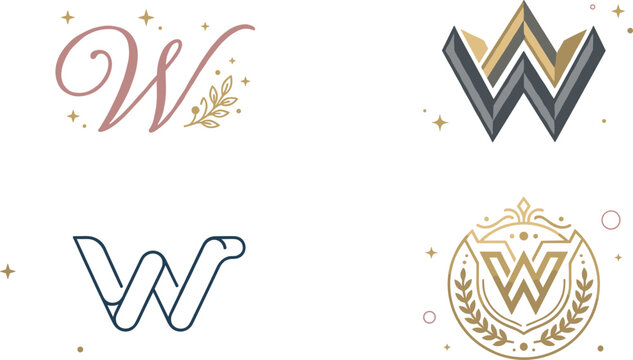 Set of elegant letter W logo monogram vector designs featuring calligraphic script geometric 3D style minimal outline and premium laurel crest