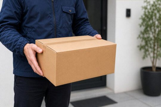 Delivery man in blue uniform holding blank cardboard box mockup at front door. Courier with package for e-commerce shipping, doorstep delivery service, logistics and online shopping concept.