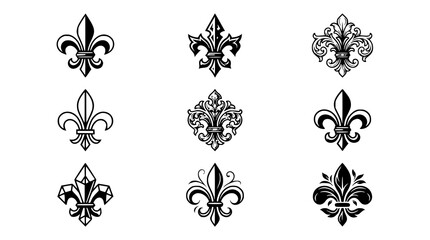 : Nine Black Fleur De Lis Decorative Emblems Vector Collection Isolated on White Background © Shohel