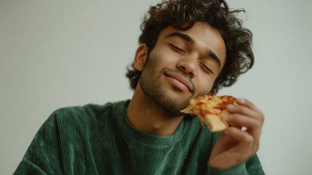 Young man enjoys pizza and shows happy expression while sitting indoors