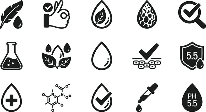 Dermatology tested skincare and organic cosmetic glyph icons set featuring balanced ph shield water drop leaf and chemical formula vector.