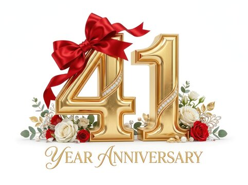Golden 41st Anniversary Celebration with Red Bow and Flowers.