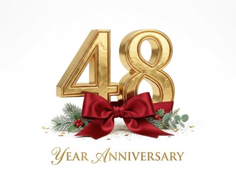 Golden 48 Year Anniversary Celebration with Red Bow and Greenery.