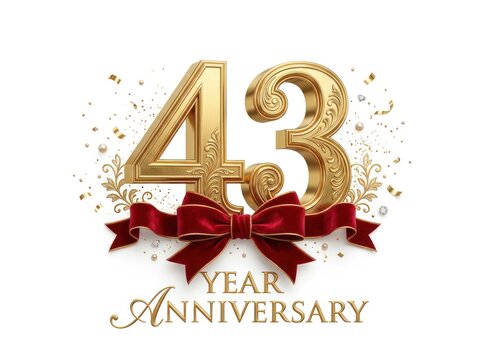 Golden 43 Year Anniversary Celebration with Red Ribbon and Confetti.