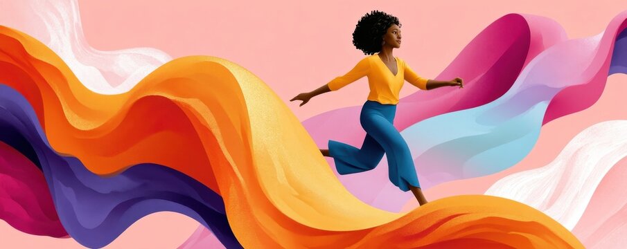 Woman leaping through colorful flowing ribbons in a vibrant digital illustration of freedom and movement