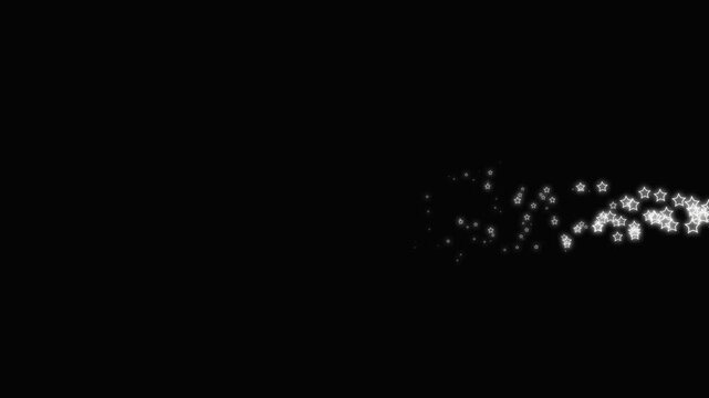 Shiny white particles forming abstract cosmic dust wave on solid black background, magical glow overlay with sparkling stars, shimmering glitter trail for festive christmas celebration loops. 4k