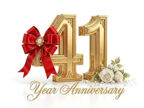 Golden 41 Year Anniversary Celebration with Red Bow and White Roses.