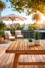 Fototapeta premium Warm sunlit patio with wooden picnic table, potted plants, umbrella and cozy seating for outdoor dining