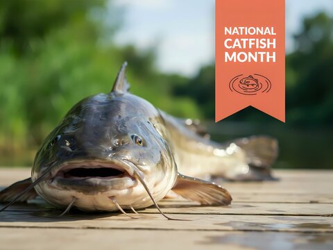 A close up view of a freshly caught catfish resting on a wooden dock with National Catfish Month text overlay