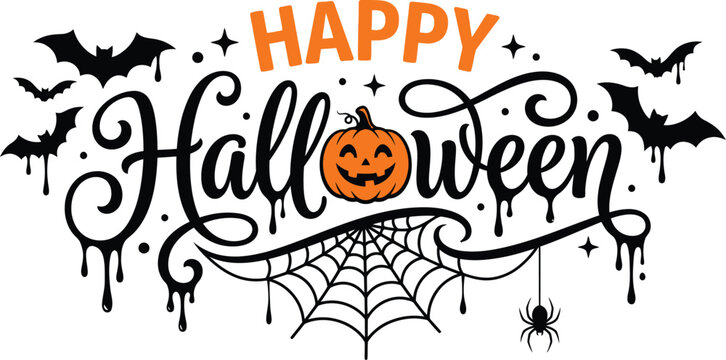 Happy halloween day typography with pumpkin bats and spiderweb festive design