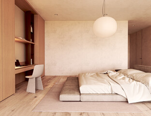 Platform bed in a warm scandinavian japandi bedroom with empty wall mockup template © Viktoria Kovalchuk