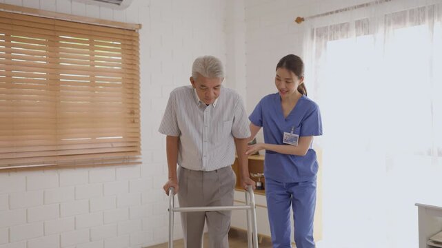 Health insurance with caregiver at home Senior man caregiver walker support rehabilitation mobility nurse home patient assistance during calm elderly walking practice indoors bright room home care