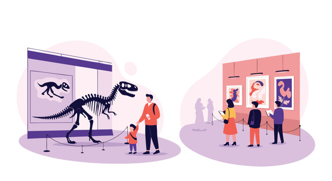 Visitors at a history museum look at a large dinosaur skeleton exhibit and framed paintings in an art gallery wing.