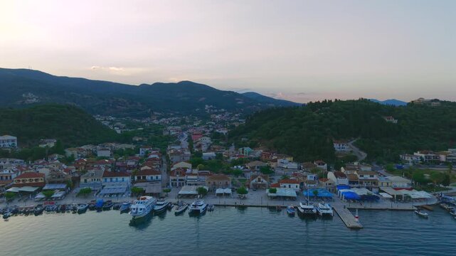Aerial Sunrise Over Syvota Greece Coastline with Calm Ionian Sea