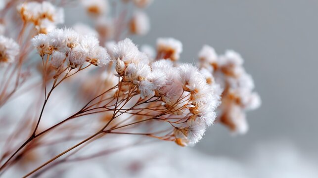 Delicate Dried Flower Arrangement: A close-up macro shot reveals the intricate details of dried baby's breath flowers, their tiny blossoms forming soft, airy clusters against a muted background.