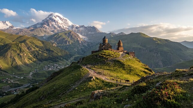 Gergeti Trinity Church perched on a hilltop with Mount Kazbek in the background Georgia a scenic travel destination