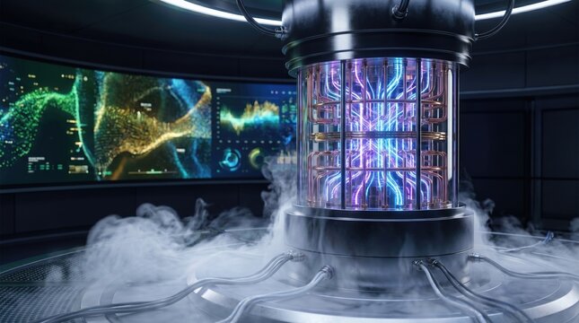 Futuristic quantum computing core with cooling mist in advanced research lab