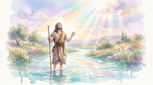 Watercolor illustration of a prophet standing in a river with light rays