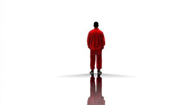 Isolated Figure in Red: A lone individual clad in a vibrant red tracksuit stands with their back to the viewer, casting a distinct shadow on a pristine white surface.