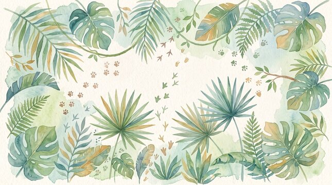 Watercolor jungle leaves and animal footprints border with tropical plants