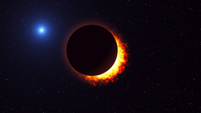 A total solar eclipse in 4K resolution. A cosmic scene of a solar eclipse surrounded by a fiery corona in a blue starry sky.