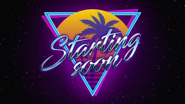 Retro chrome text "Starting Soon" script framed by a neon-outlined triangle suggests anticipation, suited for live stream openers and event announcements