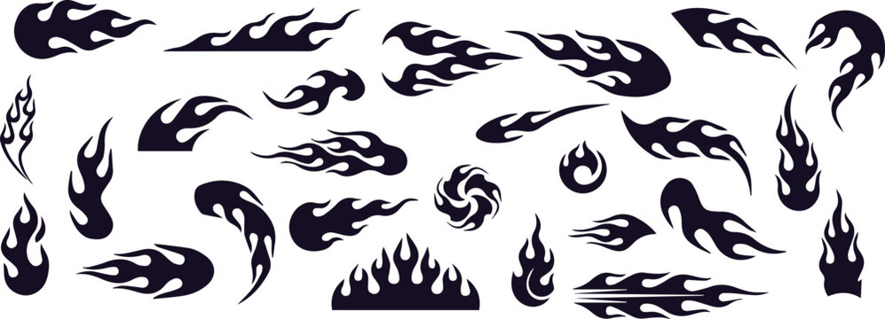 Flame decal. Fire abstract black silhouette  flames for race car or tattoo. Tribal flame hotrod car vinyl decals and motorcycle airbrush stencil. Burning element vector set