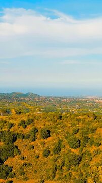 Vertical video. Nicolosi, Sicily, Italy. Volcanic craters overgrown with forest on the slopes of Mount Etna. Drone footage. Rich colors