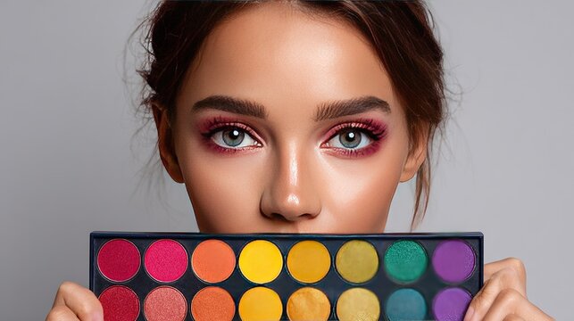 Vibrant Palette Portrait: A stunning woman with captivating eyes holds a colorful eyeshadow palette, showcasing a spectrum of rich hues that mirror her bold and artistic makeup.