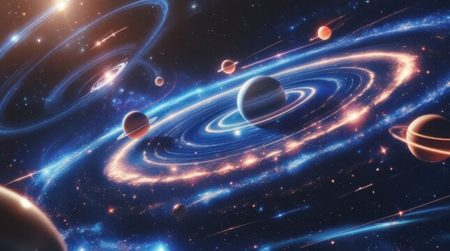 Bright colorful galaxy with glowing planets and stars in deep dark space