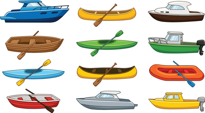 Water Transportation Vector Icon Set Featuring Motorboats, Speedboats, Kayaks, Canoes, Inflatable Dinghies, and Rowing Boats for Marine and Nautical Travel Designs
