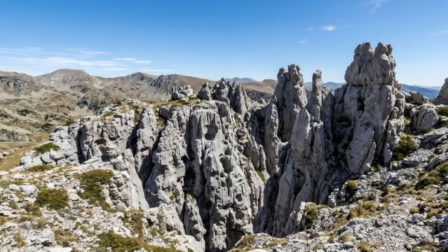 Rugged limestone karst rock formations and jagged spires under a bright blue sky in Andorra
