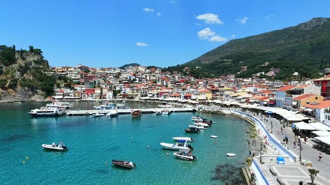 Parga Greek mainland town, aerial view of a mainland coastal town in Greece