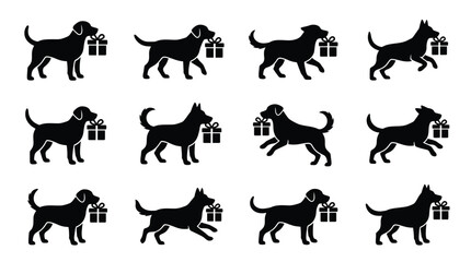 Set of twelve black silhouettes of various dog breeds including Labradors and German Shepherds carrying gift boxes in their mouths, isolated on a white background for holiday design. © Tutorialxxx18
