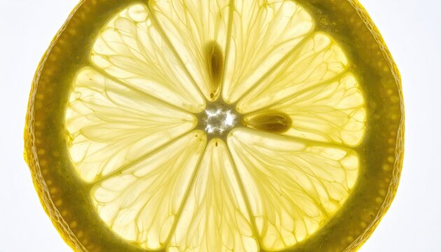 Translucent lemon slice, backlit, highlighting pulp, seeds, and rind