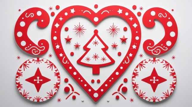 Red heart shape with Christmas tree and decorative baubles design