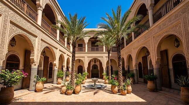 Beautiful traditional riad courtyard with palm trees and fountain in marrakech, morocco