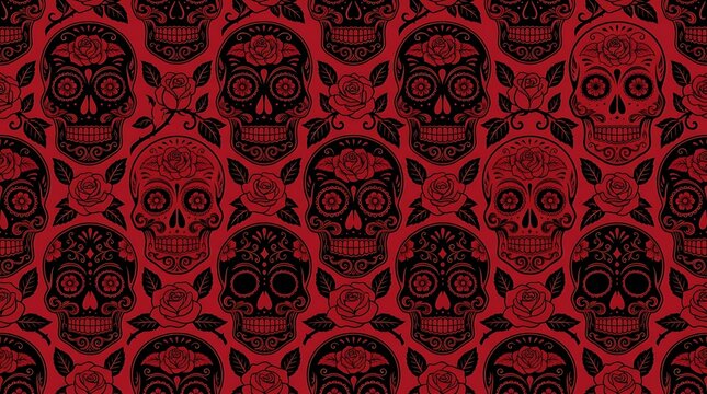 Seamless pattern of ornate sugar skulls and roses on red background