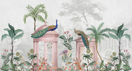 indian traditional mural wallpaper with peacock © kalakarilife