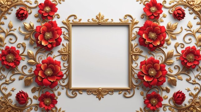Decorative gold picture frame surrounded by red flowers and foliage