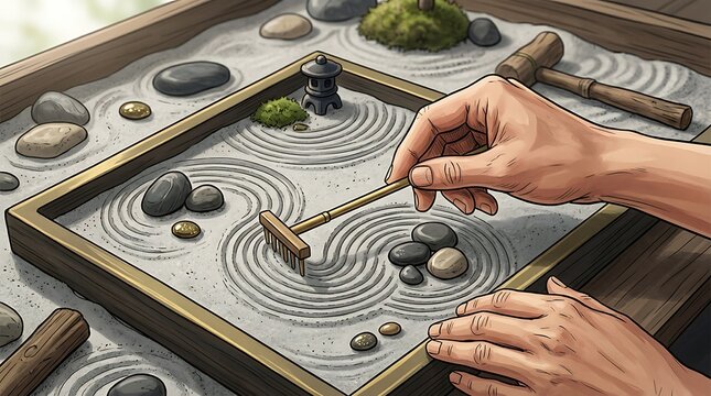 Person raking sand in a miniature zen garden for mindfulness